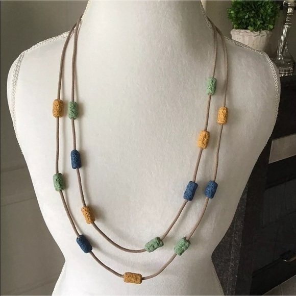 LAST 1! NEW Lava Bead Necklace & Earring SET Green Blue Gold Tube Beads on Cord - Picture 9 of 10